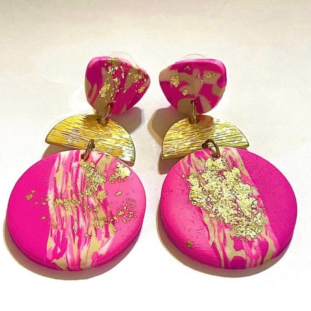 Pink & Gold Polymer Clay Dangle Earrings